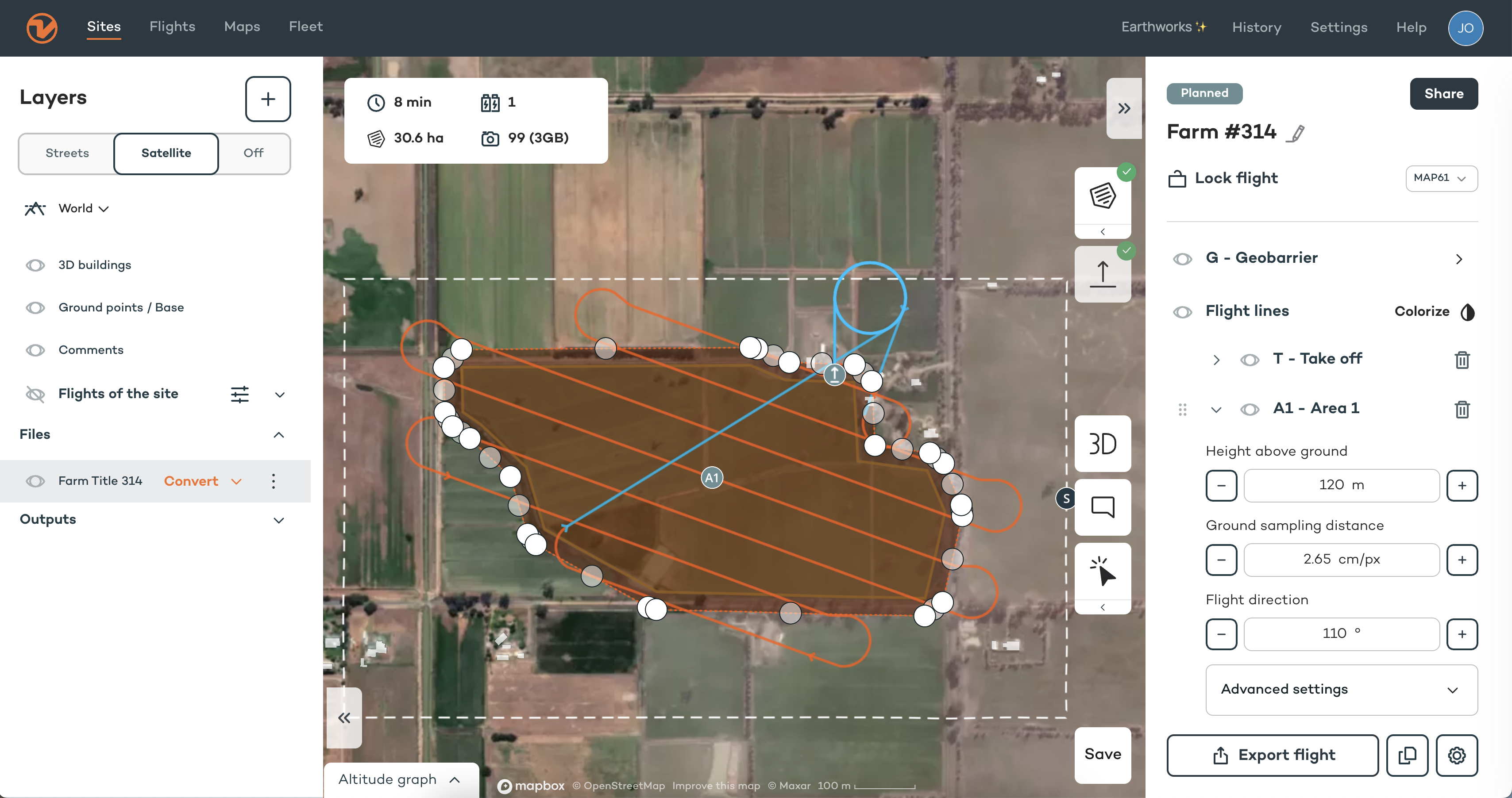 Flight planning screen showing converted flight areas on the map, visibly larger than the original polygon layers due to a positive offset